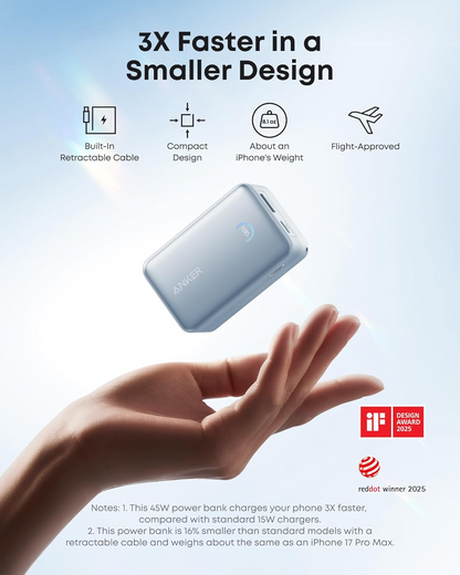 Externe Batterie Anker Nano, 10000mAh, 45W, QC + PD, 1 x USB-A - 2 x USB-C, Blau