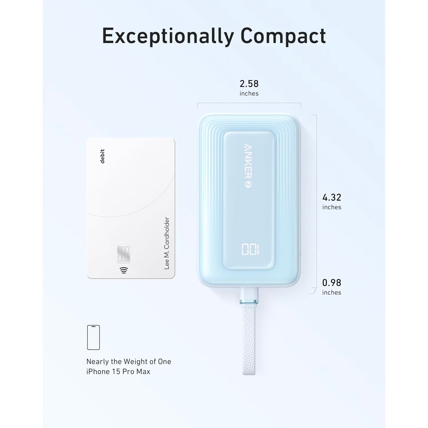 Externer Akku Anker Zolo, 10000mAh, 30W, QC + PD, 1 x USB-A - 2 x USB-C, Blau A1688031