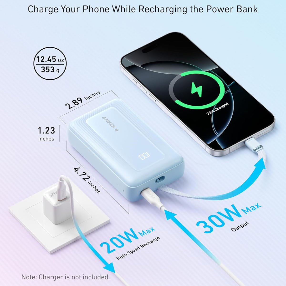 Externer Akku Anker Zolo, 20000mAh, 30W, QC + PD, 1 x USB-A - 2 x USB-C, Blau A1689031