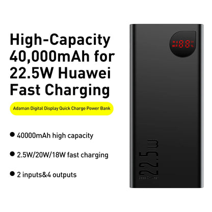 Baseus Adaman External Battery, 40000mAh, 22.5W, QC + PD, 1 x USB-C - 3 x USB-A, Black