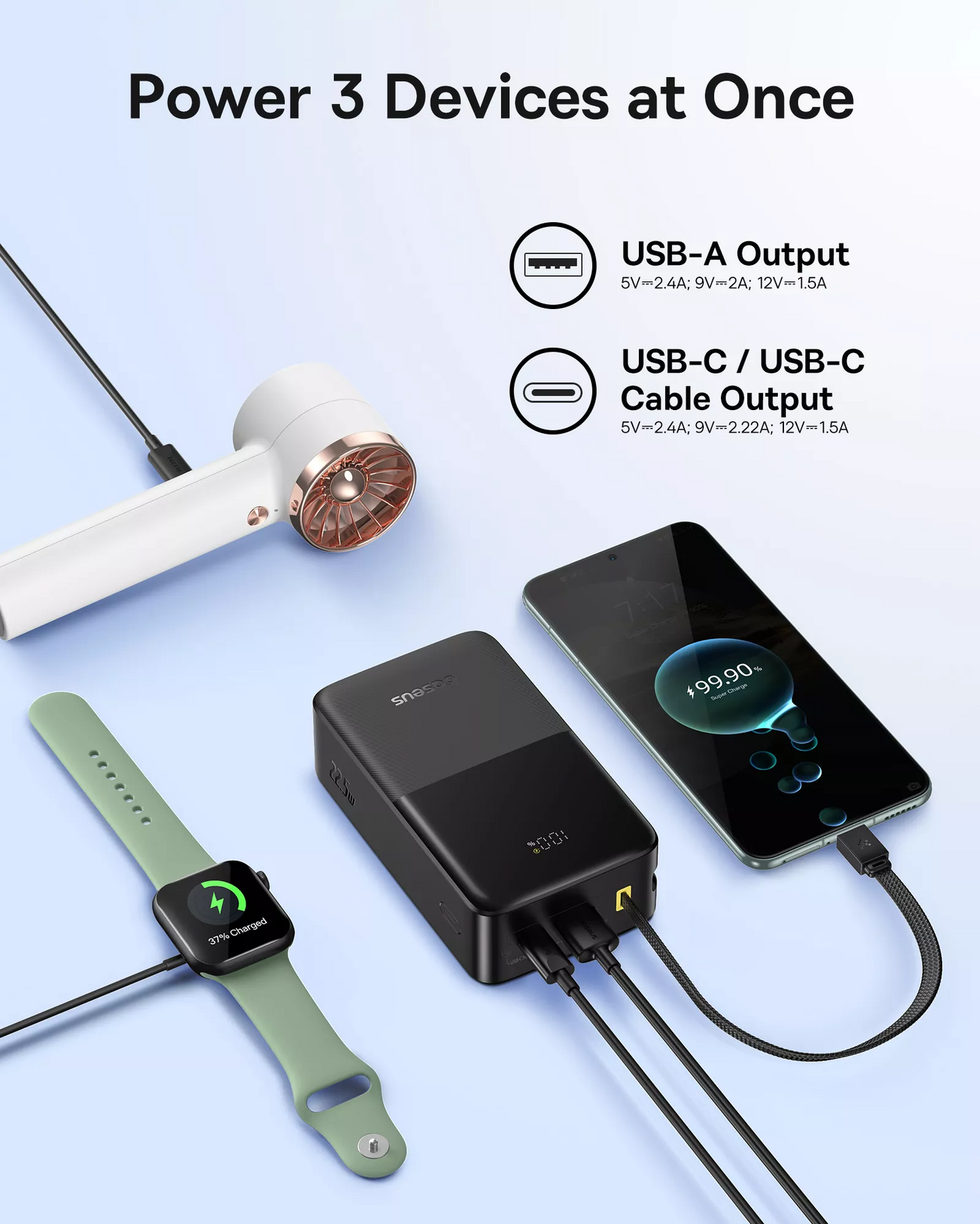 Externer Akku Baseus EnerFill Bipow2 Pro, 30000mAh, 22.5W, QC + PD, 1 x USB-A - 2 x USB-C, Schwarz E0028100