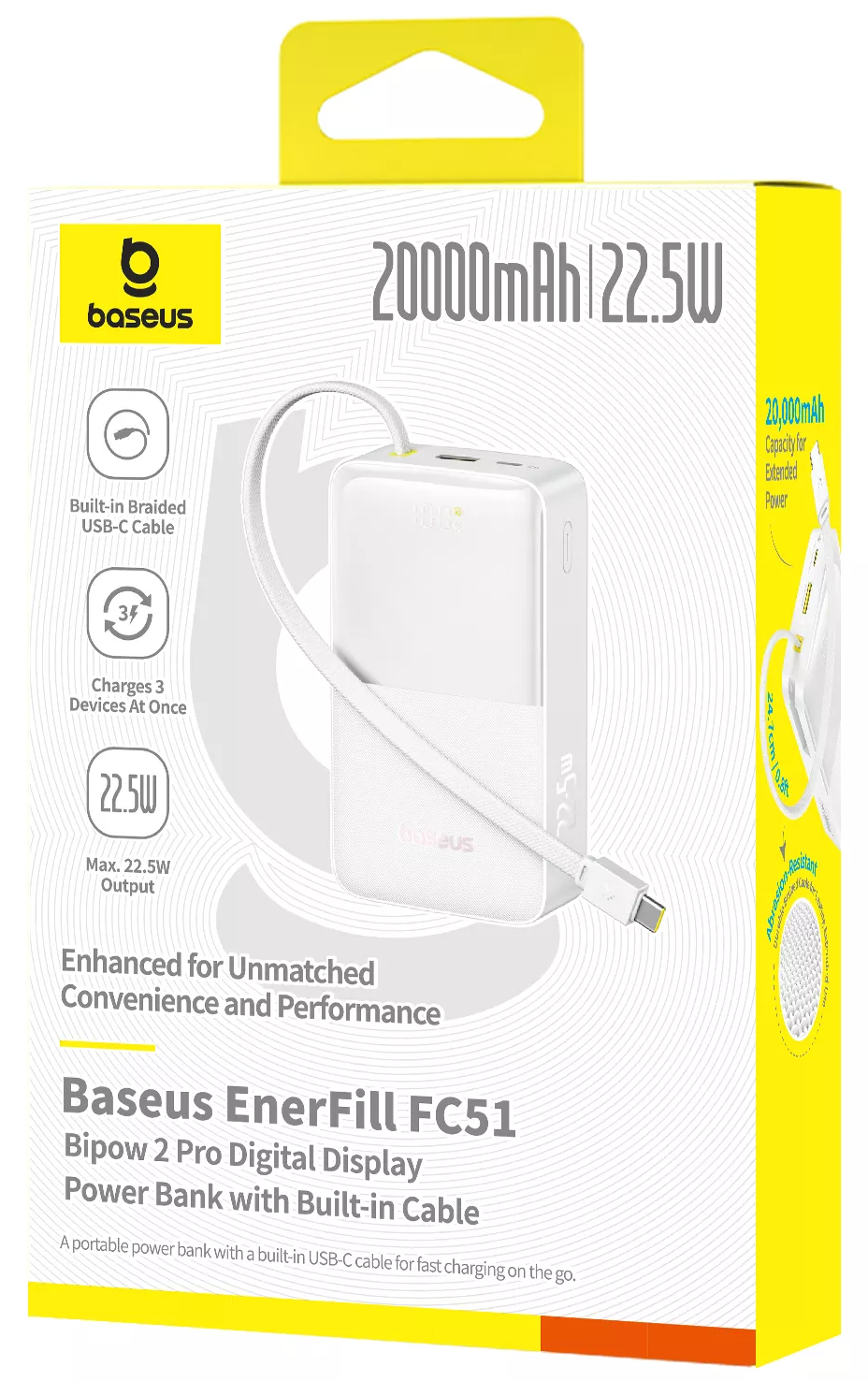 Externer Akku Baseus EnerFill Bipow2 Pro, 20000mAh, 22.5W, QC + PD, 1 x USB-A - 2 x USB-C, Weiß E0027700