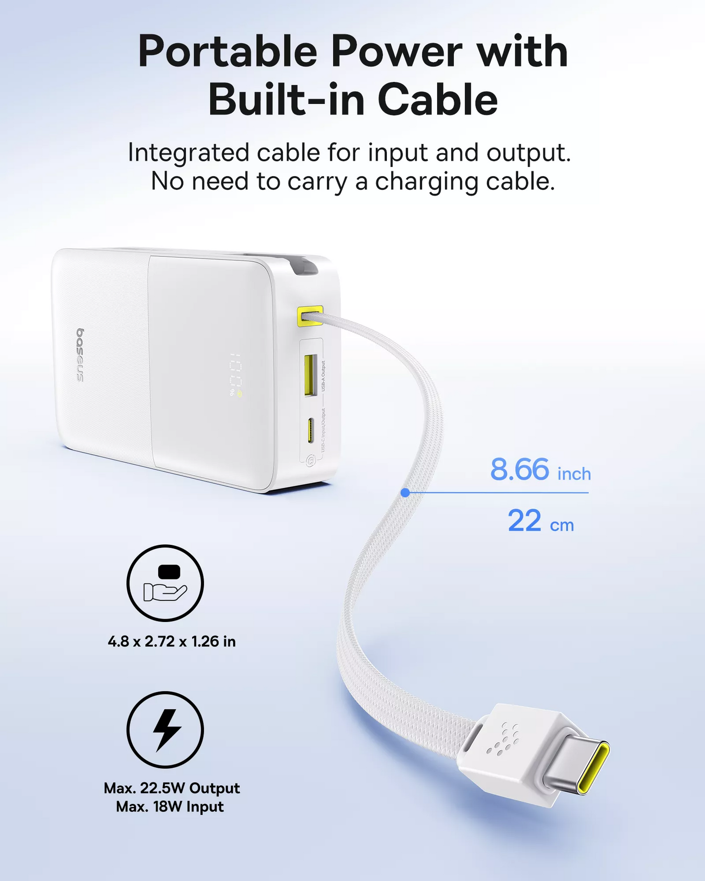 Externer Akku Baseus EnerFill Bipow2 Pro, 20000mAh, 22.5W, QC + PD, 1 x USB-A - 2 x USB-C, Weiß E0027700