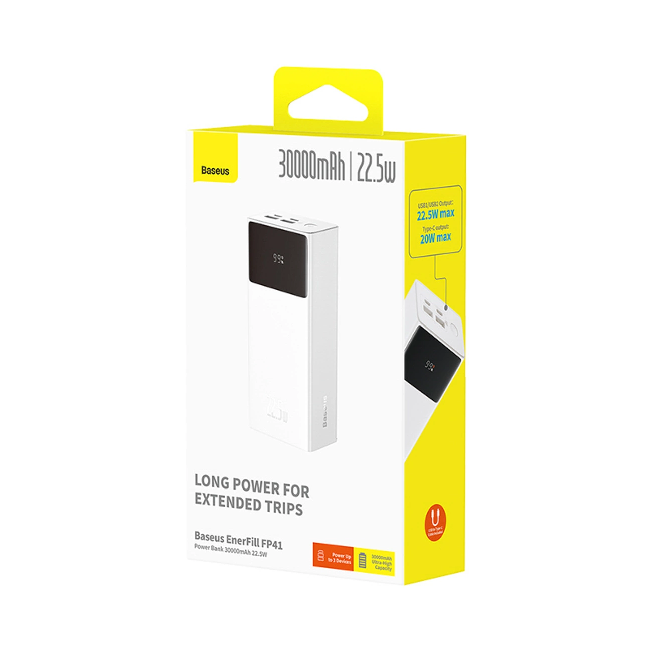 Baseus EnerFill FP41 External Battery, 30000mAh, 22.5W, QC + PD, 1 x USB-C - 2 x USB-A, White