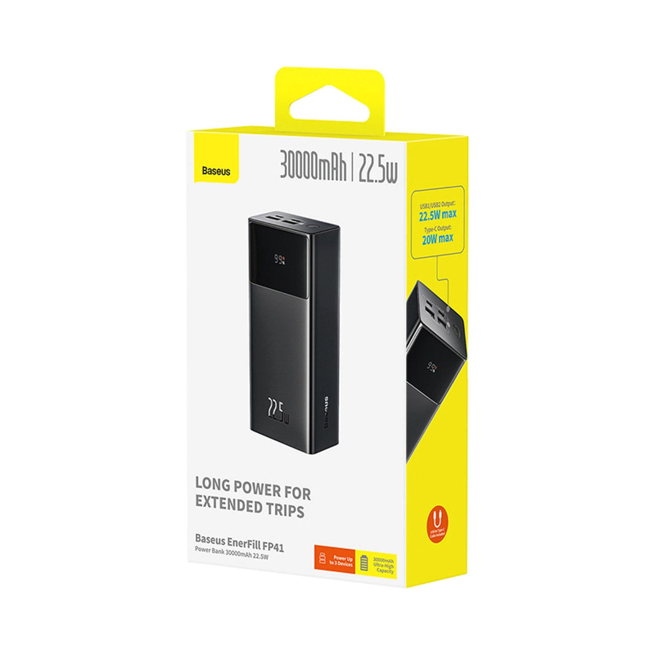 Externer Akku Baseus EnerFill FP41, 30000mAh, 22.5W, QC + PD, 1 x USB-C - 2 x USB-A, Schwarz