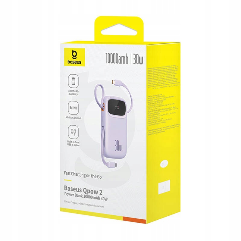 External Battery Baseus Qpow2, 10000mAh, 30W, QC + PD, 1 x USB-A - 3 x USB-C, Purple P10055008513-00