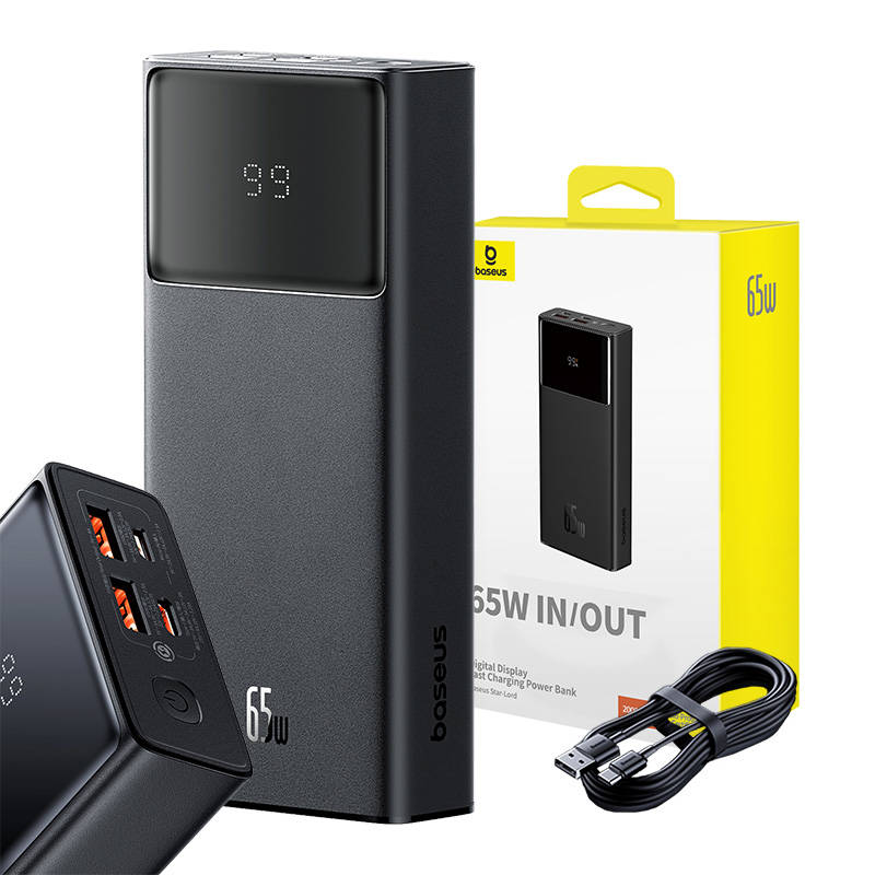 Baseus Star Lord Externer Akku, 20000 mAh, 65 W, QC + PD, 1 x USB-C – 2 x USB-A, Schwarz P10022906113-00