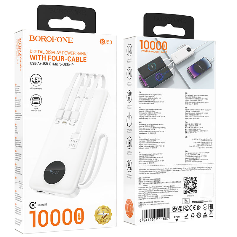 Borofone BJ53 Power Externer Akku, 10000 mAh, 10 W, 1 x Lightning – 1 x microUSB – 1 x USB-A – 1 x USB-C, Weiß