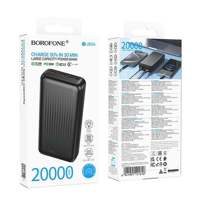 Externer Akku Borofone BJ80A Clever, 20000mAh, 22.5W, QC + PD, 1 x USB-C - 2 x USB-A, Schwarz