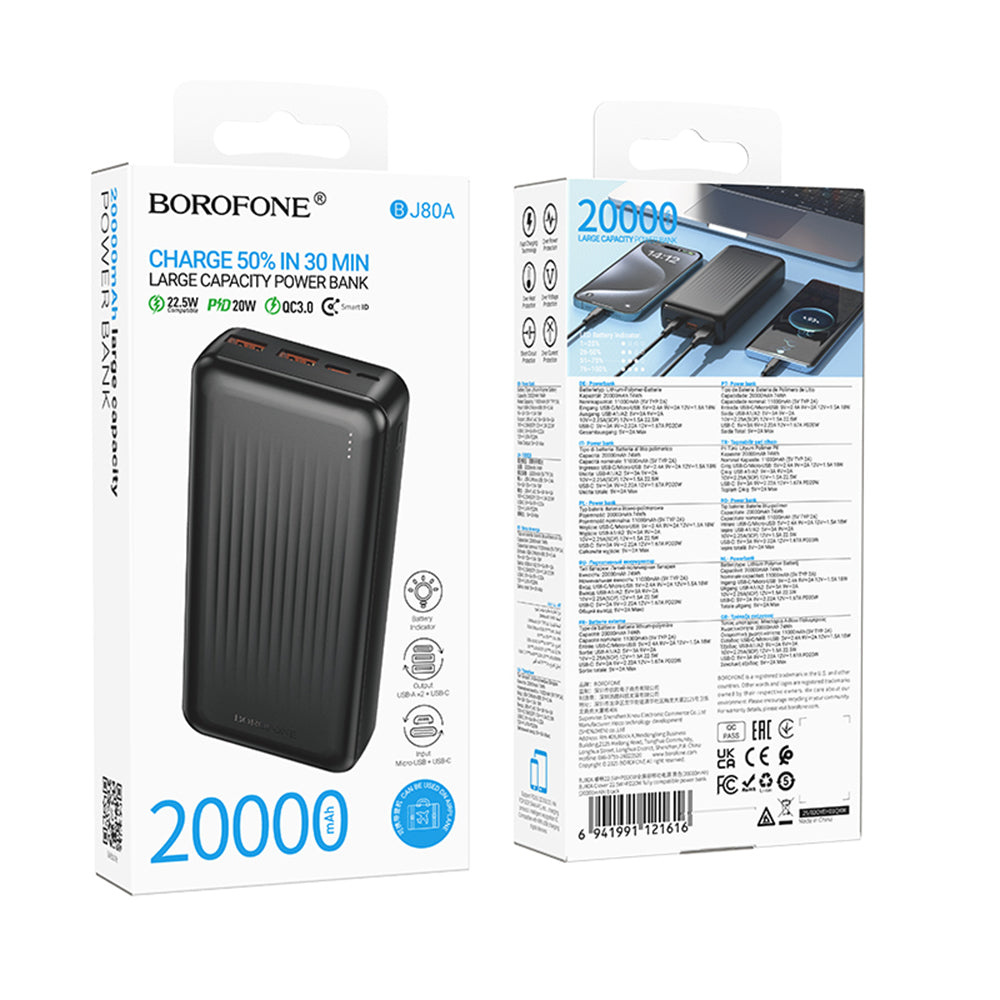 Externer Akku Borofone BJ80A Clever, 20000mAh, 22.5W, QC + PD, 1 x USB-C - 2 x USB-A, Schwarz