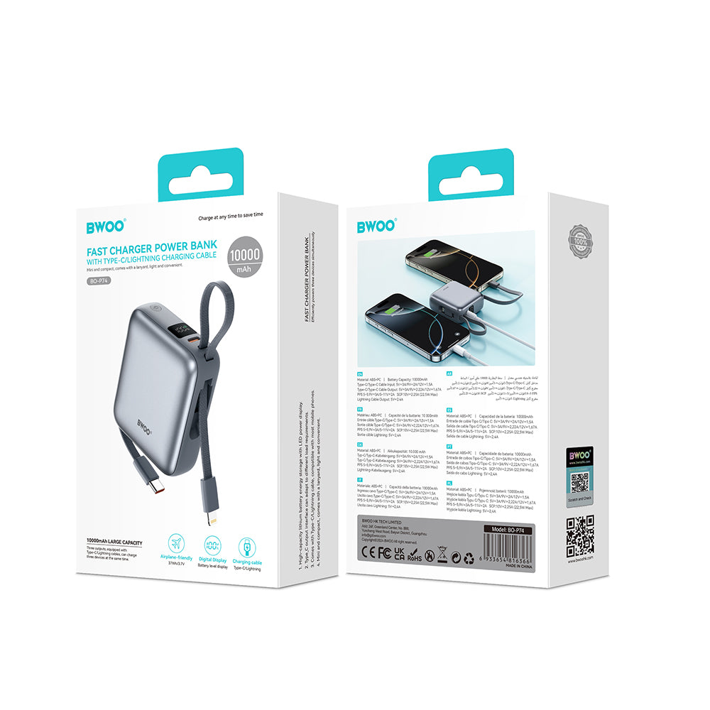 Externer Akku BWOO BO-P74, 10000mAh, 22.5W, PD, 1 x Lightning - 2 x USB-C, Schwarz