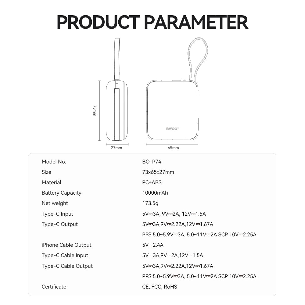 Externer Akku BWOO BO-P74, 10000mAh, 22.5W, PD, 1 x Lightning - 2 x USB-C, Schwarz