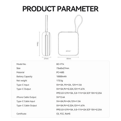Externer Akku BWOO BO-P74, 10000mAh, 22.5W, PD, 1 x Lightning - 2 x USB-C, Schwarz