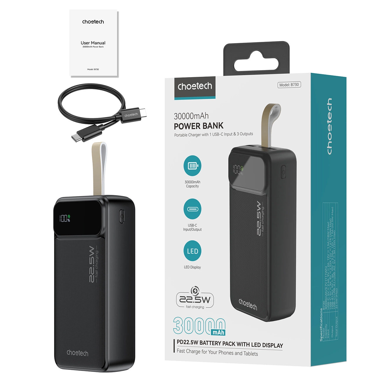 Externer Akku Choetech B730, 30000 mAh, 22,5 W, QC + PD, 1 x USB-C – 2 x USB-A, Schwarz