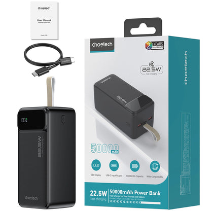 Externer Akku Choetech B732, 50000 mAh, 22,5 W, QC + PD, 1 x USB-C – 2 x USB-A, Schwarz