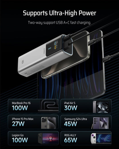 Externer Akku Cuktech, 10000mAh, 150W, QC + PD, 1 x USB-A - 1 x USB-C, Grau CKPB100PGLBK