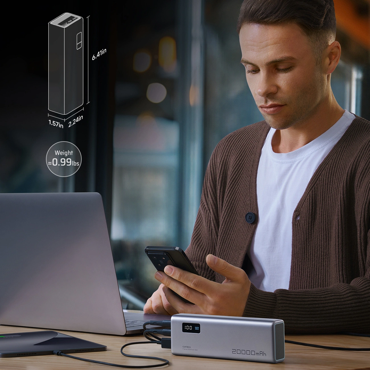 Cuktech P+ No.15 External Battery, 20000mAh, 150W, QC + PD, 1 x USB-A - 2 x USB-C, Grey CUKPB200GLBK