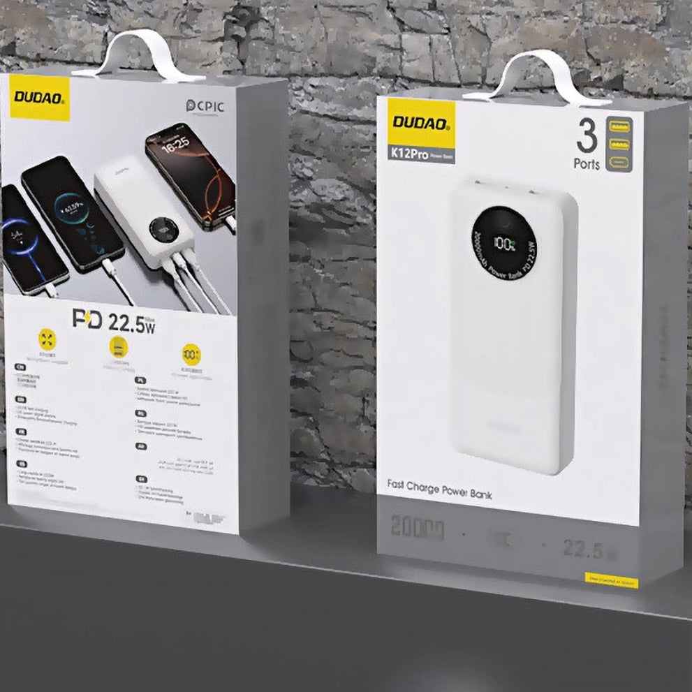 Dudao K12Pro External Battery, 20000mAh, 22.5W, QC + PD, 1 x USB-C - 2 x USB-A, White