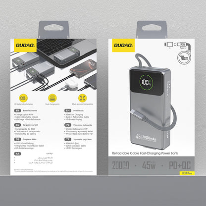 Dudao K31 Pro External Battery, 20000mAh, 45W, QC + PD, 1 x USB-A - 2 x USB-C, Gray