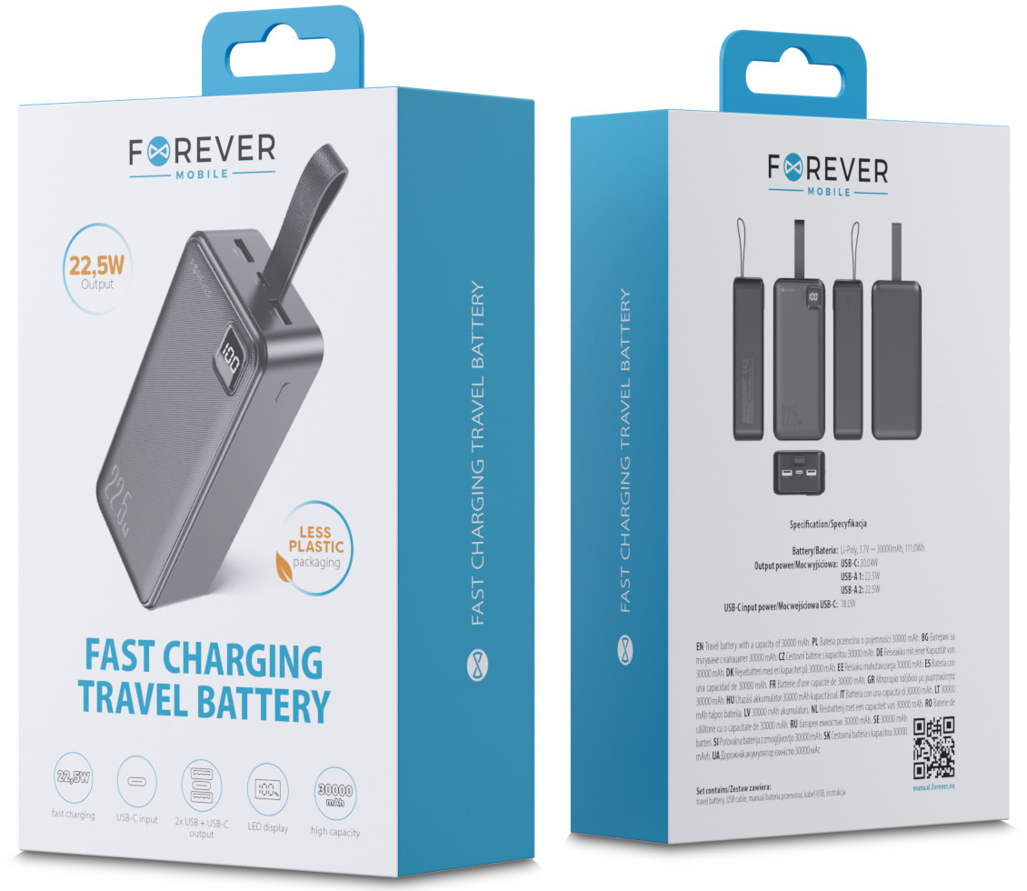 Forever TB-300XL Powerbank, 30000 mAh, 22,5 W, QC + PD, 1 x USB-C – 2 x USB-A, Schwarz