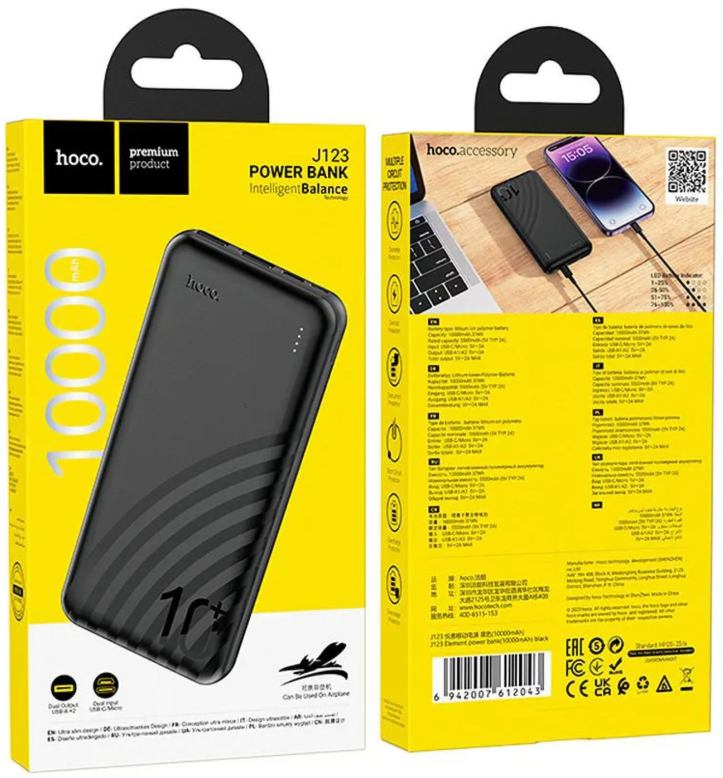 Externer Akku HOCO J123, 10000mAh, 10W, 2 x USB-A, Schwarz