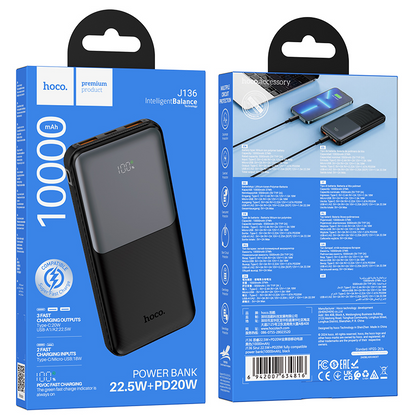 HOCO J136 Powerbank, 10000 mAh, 22,5 W, QC + PD, 1 x USB-C – 2 x USB-A, Schwarz