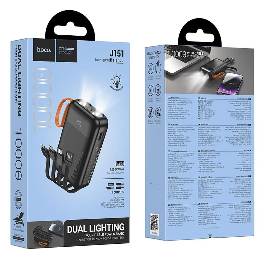 HOCO J151 External Battery, 10000mAh, 10W, 1 x Lightning - 1 x microUSB - 1 x USB-A - 1 x USB-C, Black