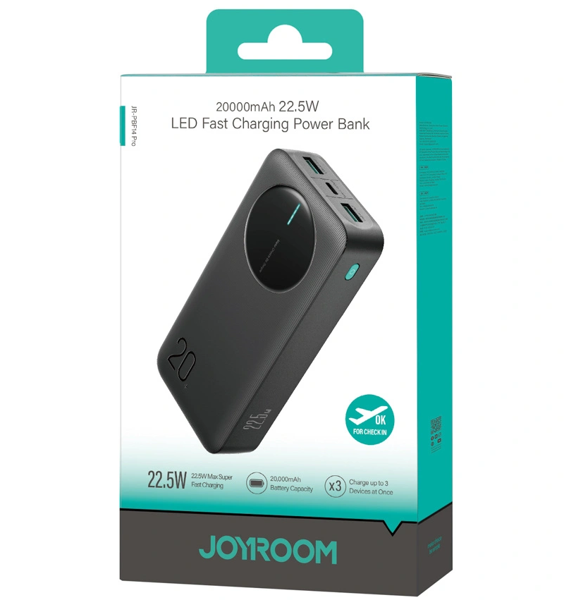 Joyroom JR-PBF14 Pro External Battery, 20000mAh, 22.5W, QC + PD, 1 x USB-C - 2 x USB-A, Black