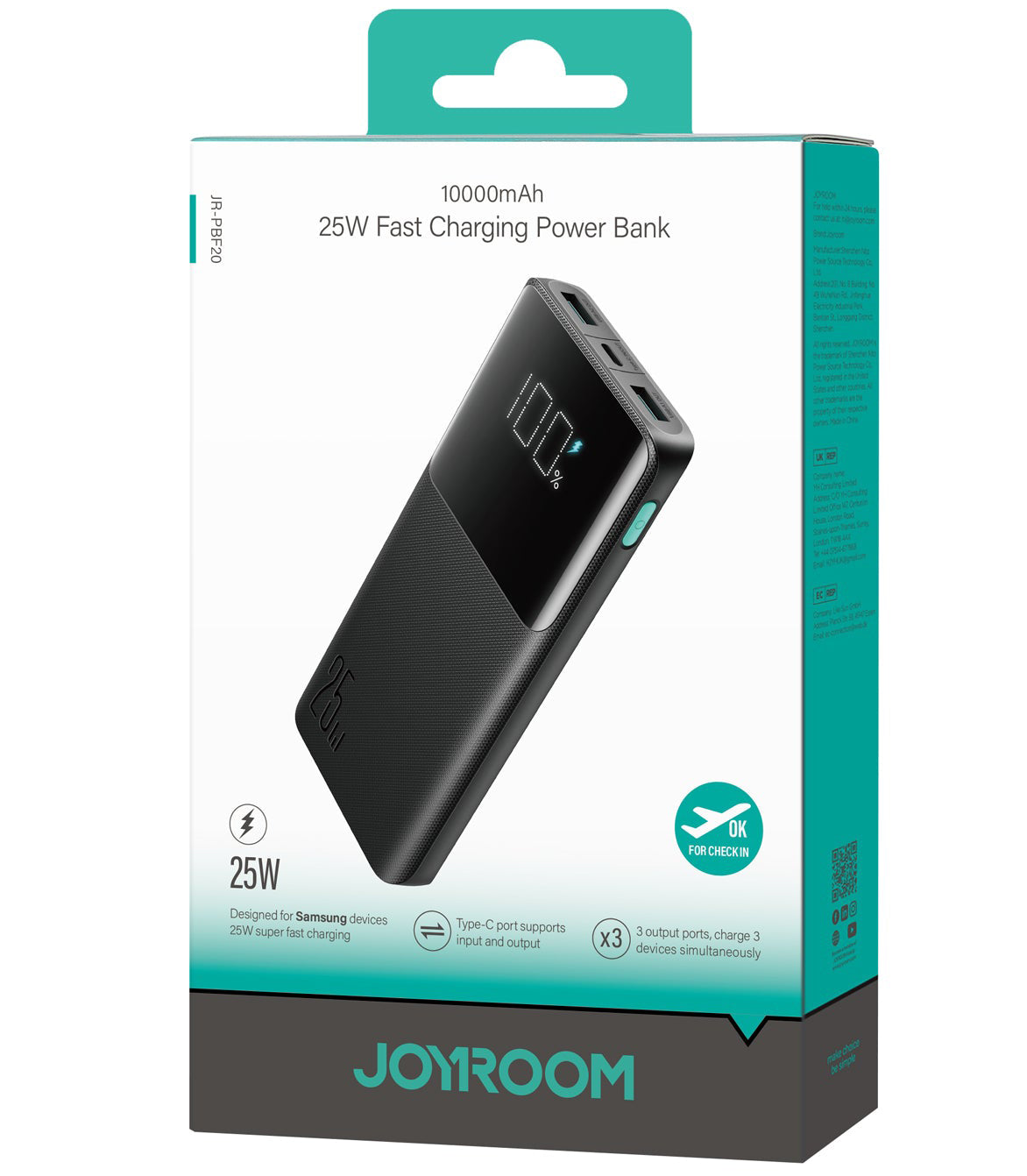 Externer Akku Joyroom JR-PBF20, 10000mAh, 25W, QC + PD, 1 x USB-C - 2 x USB-A, Schwarz