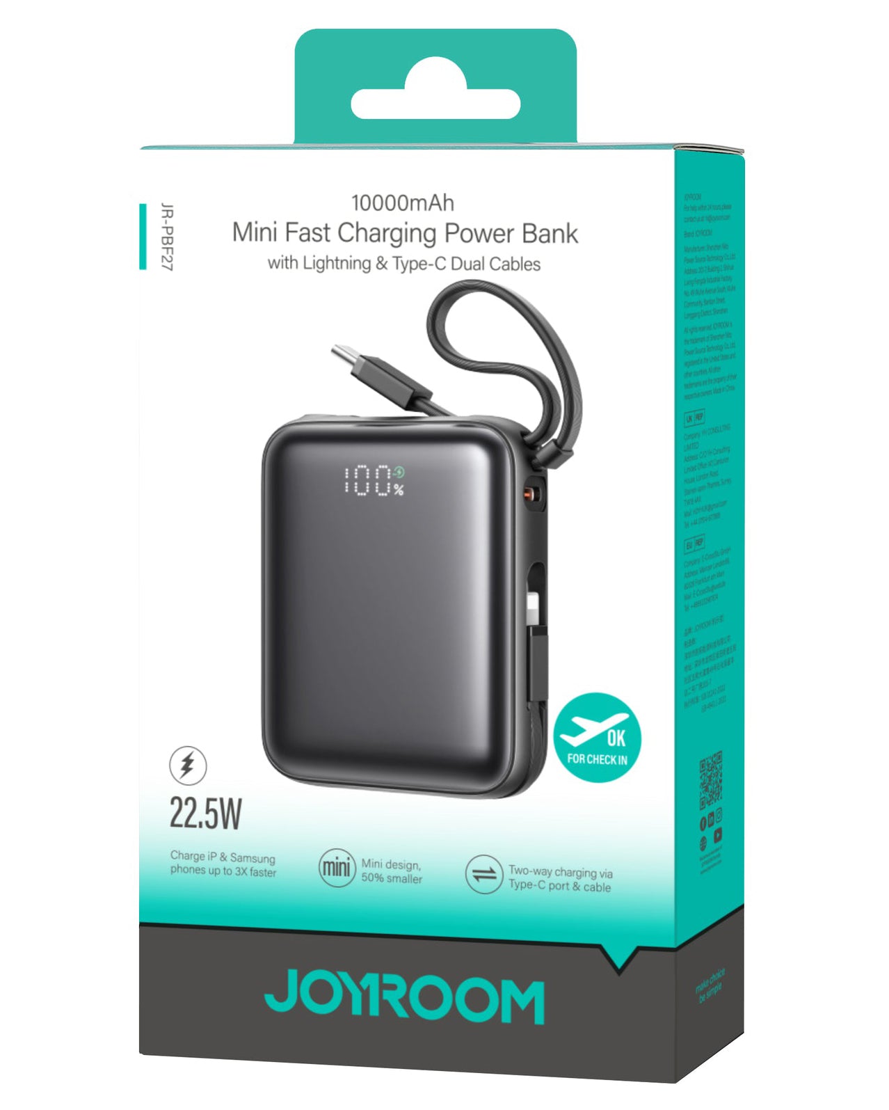Externer Akku Joyroom JR-PBF27, 10000mAh, 22.5W, QC + PD, 1 x Lightning - 2 x USB-C, Schwarz