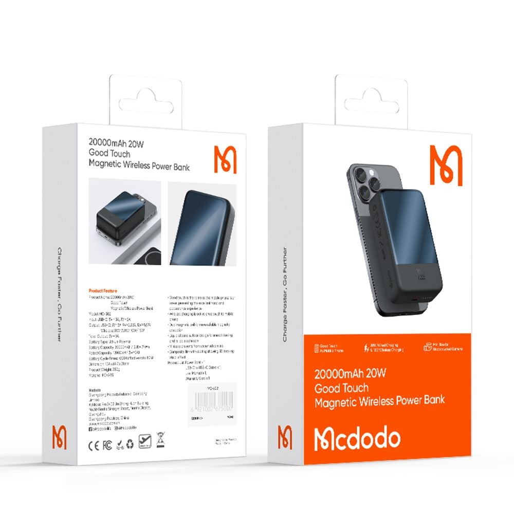 Externer Wireless-Akku McDodo MC-5021 Ambilight, 20000mAh, 20W, PD + FQI, 1 x QI - 1 x USB-C, Schwarz