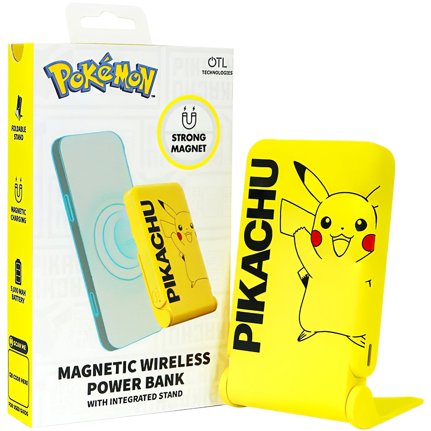 Drahtlose Externe Batterie OTL Pokemon Pikatchu, 5000mAh, 20W, PD + FQI, 1 x QI - 1 x USB-C, Gelb PK1191