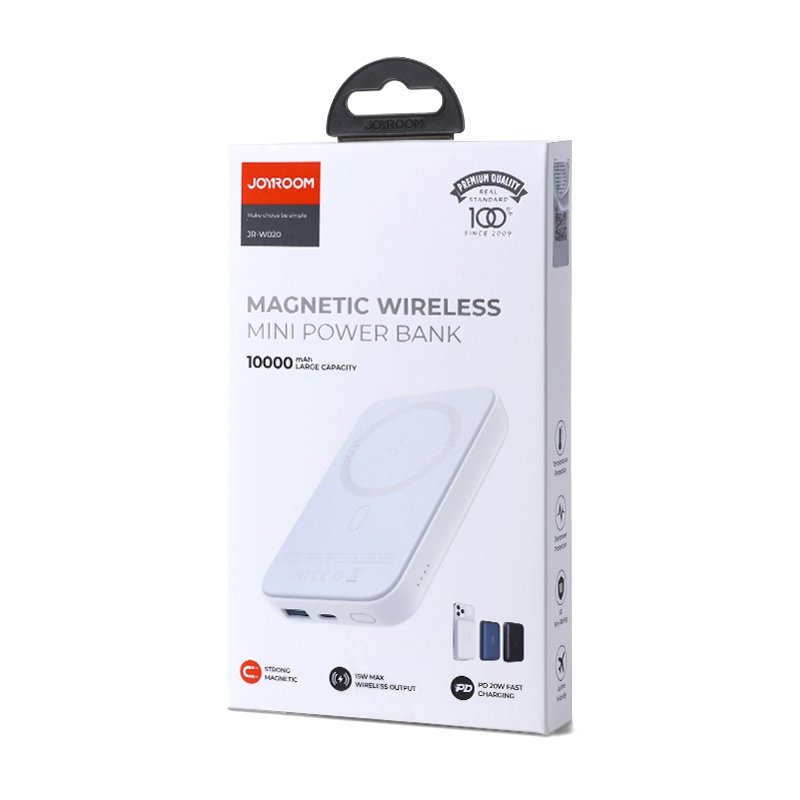 Externer Wireless-Akku Joyroom JR-W020, 10000mAh, 20W, QC + PD + FQI, 1 x QI - 1 x USB-A - 1 x USB-C, Weiß