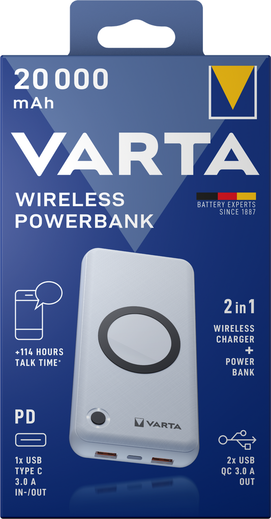 Varta Energy Wireless Externer Akku, 20000 mAh, 18 W, QC + PD + FQI, 1 x QI – 1 x USB-C – 2 x USB-A, Weiß