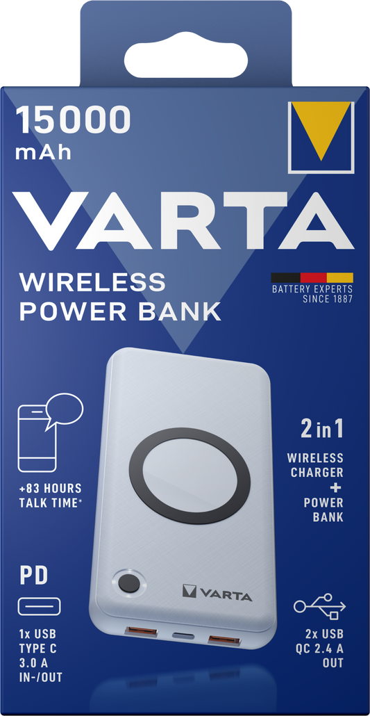 Varta Energy Wireless Externer Akku, 15000 mAh, 18 W, QC + PD + FQI, 1 x QI – 1 x USB-C – 2 x USB-A, Weiß