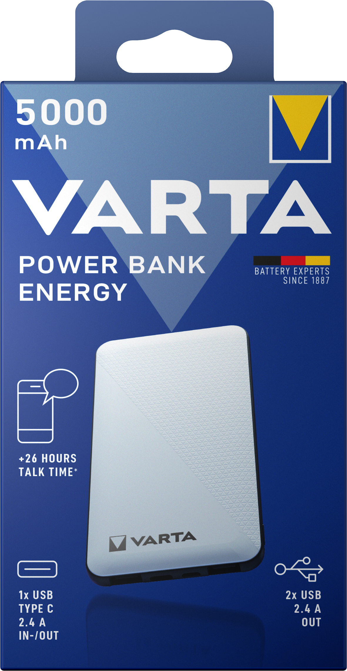 Varta Energy Externer Akku, 5000 mAh, 15 W, 2 x USB-A – 1 x USB-C, Weiß