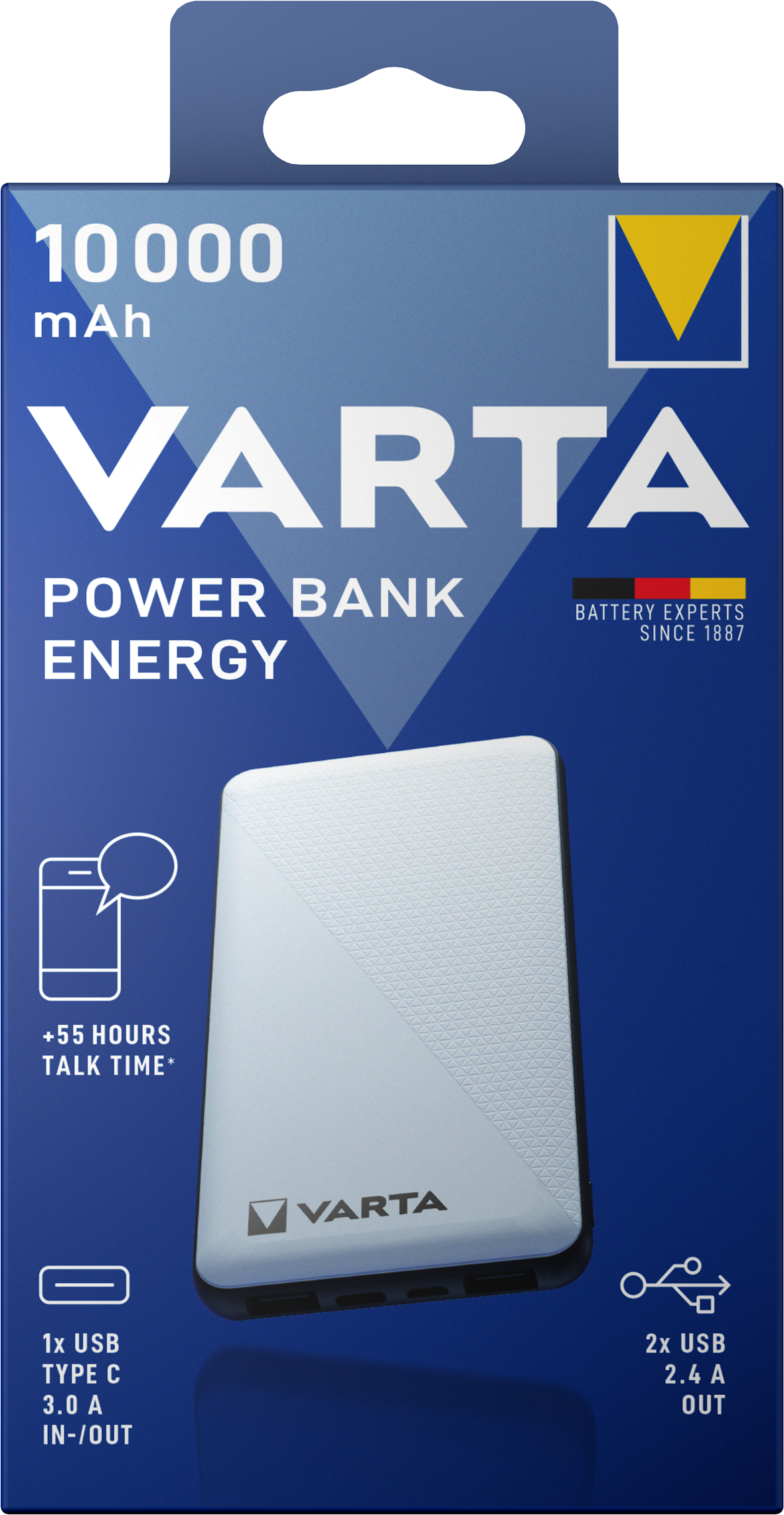 Varta Energy Externer Akku, 10000 mAh, 15 W, 2 x USB-A – 1 x USB-C, Weiß