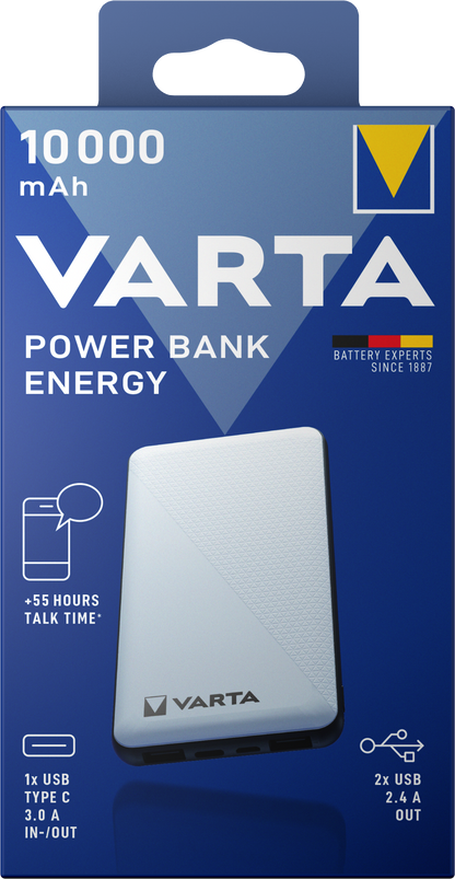 Varta Energy Externer Akku, 10000 mAh, 15 W, 2 x USB-A – 1 x USB-C, Weiß