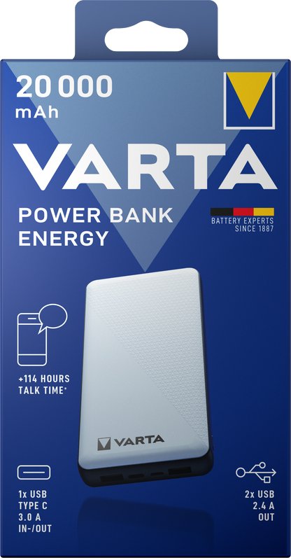 Varta Energy Externer Akku, 20000 mAh, 15 W, 2 x USB-A – 1 x USB-C, Weiß