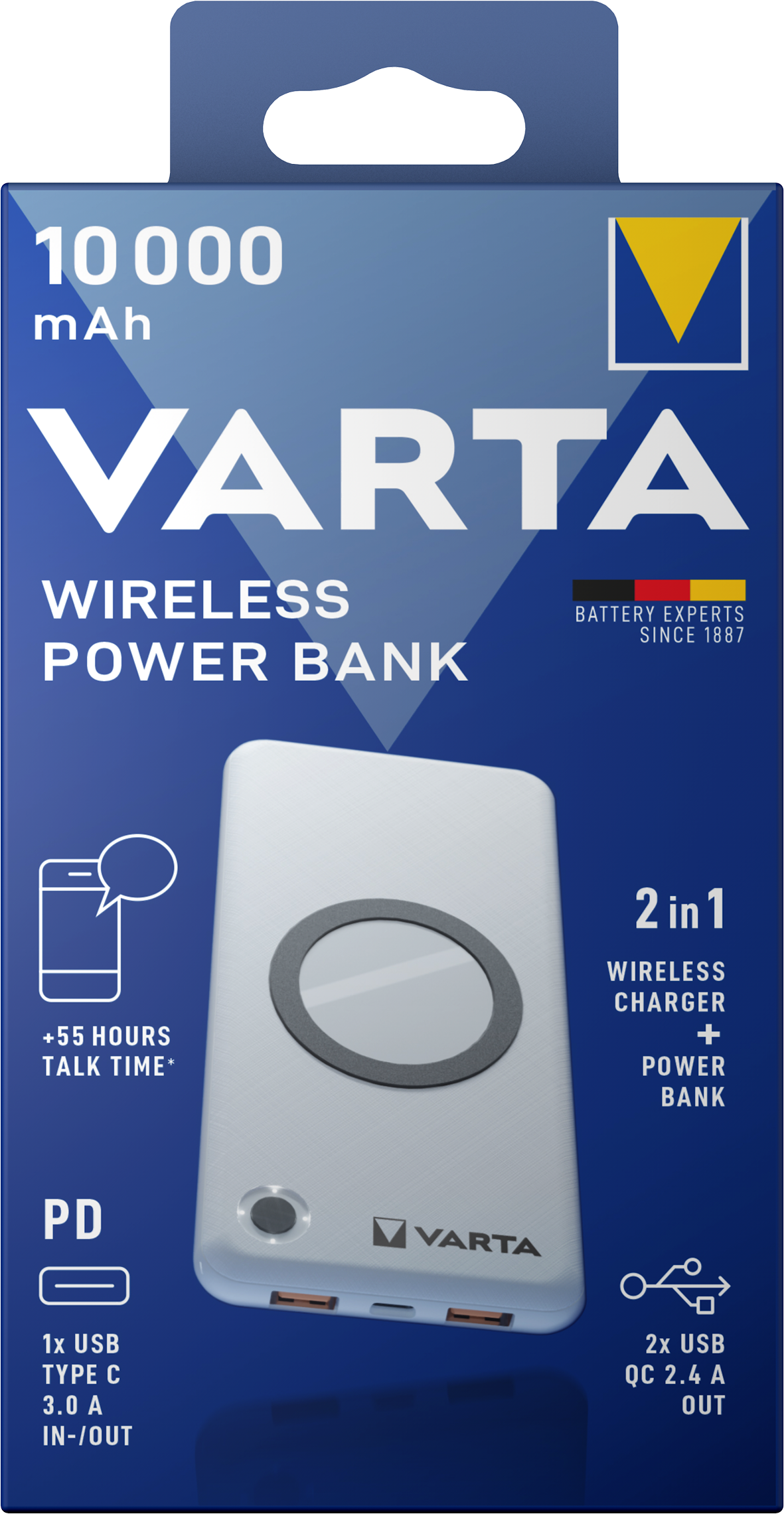 Varta Energy Wireless Externer Akku, 10000 mAh, 18 W, QC + PD + FQI, 1 x QI – 1 x USB-C – 2 x USB-A, Weiß