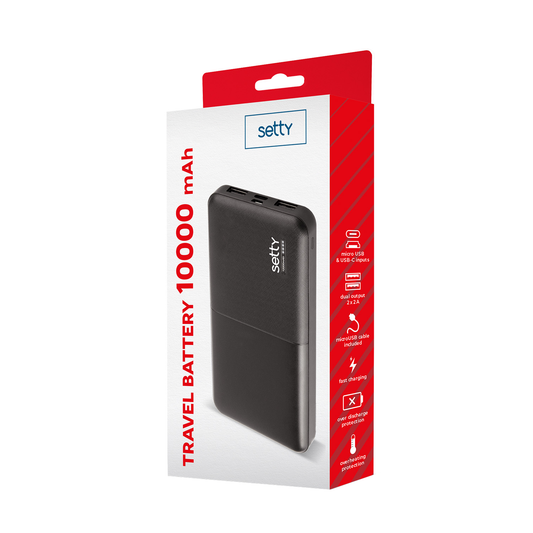 Setty Externer Akku, 10000mAh, 10W, 2 x USB-A, Schwarz