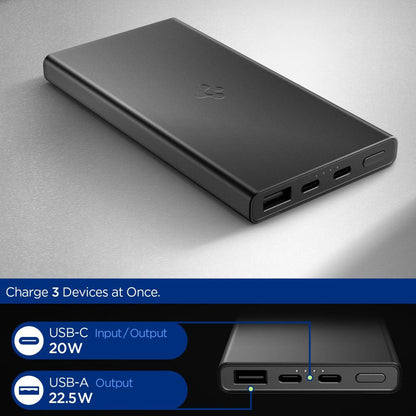 Externer Akku Spigen Essential, 10000mAh, 22.5W, QC + PD, 1 x USB-A - 2 x USB-C, Schwarz