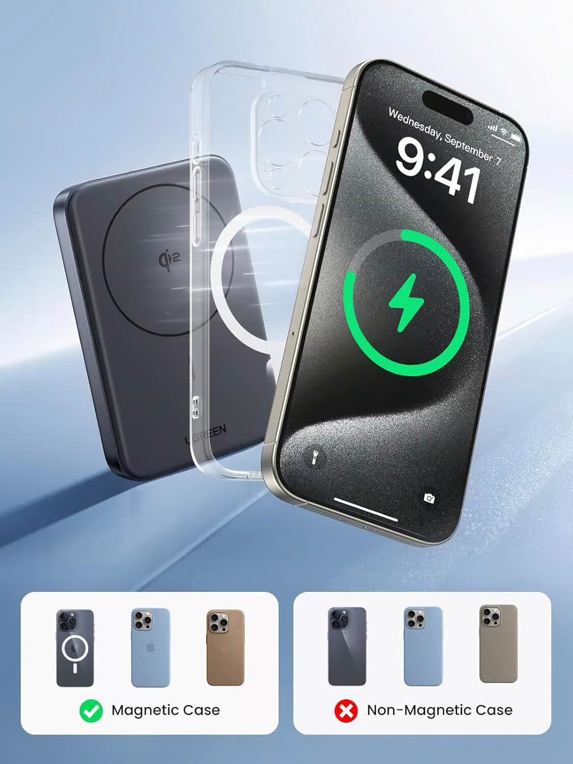 Externer Akku UGREEN PB761, 10000mAh, 30W, PD + FQI, 1 x QI - 1 x USB-C, Grau