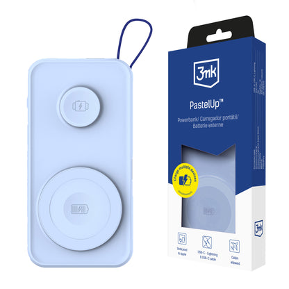 3MK PastelUp Kabelloser externer Akku, 10.000 mAh, 22,5 W, QC + PD + FQI, 1 x USB-A – 1 x USB-C – 2 x QI, Blau