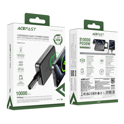 Externer Wireless Akku Acefast M10, 10000mAh, 30W, PD + FQI, 1 x QI - 2 x USB-C, Schwarz