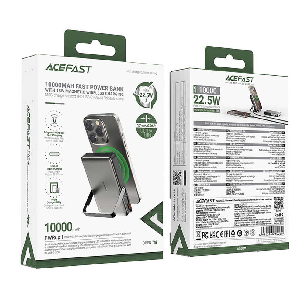 Externer Wireless Akku Acefast M17, 10000mAh, 22.5W, PD + FQI, 1 x QI - 1 x USB-C, Schwarz
