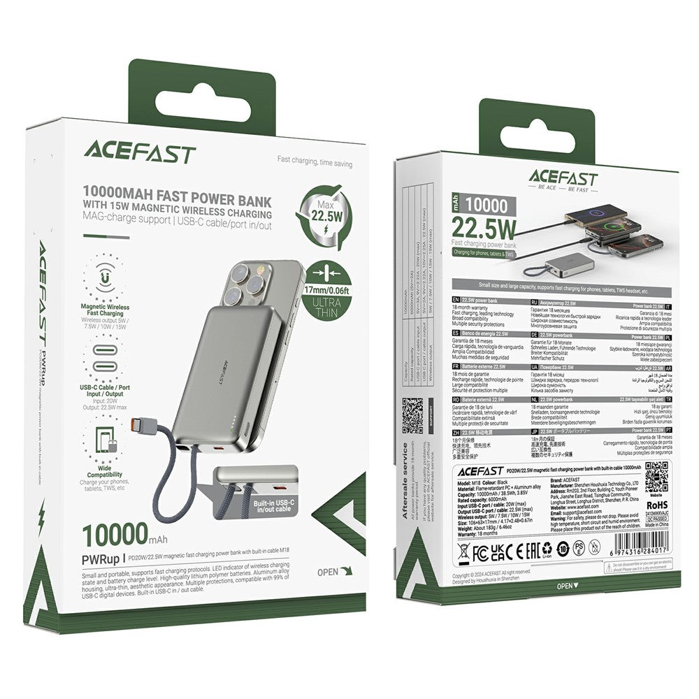Acefast M18 Wireless External Battery, 10000mAh, 22.5W, PD + FQI, 1 x QI - 2 x USB-C, Black