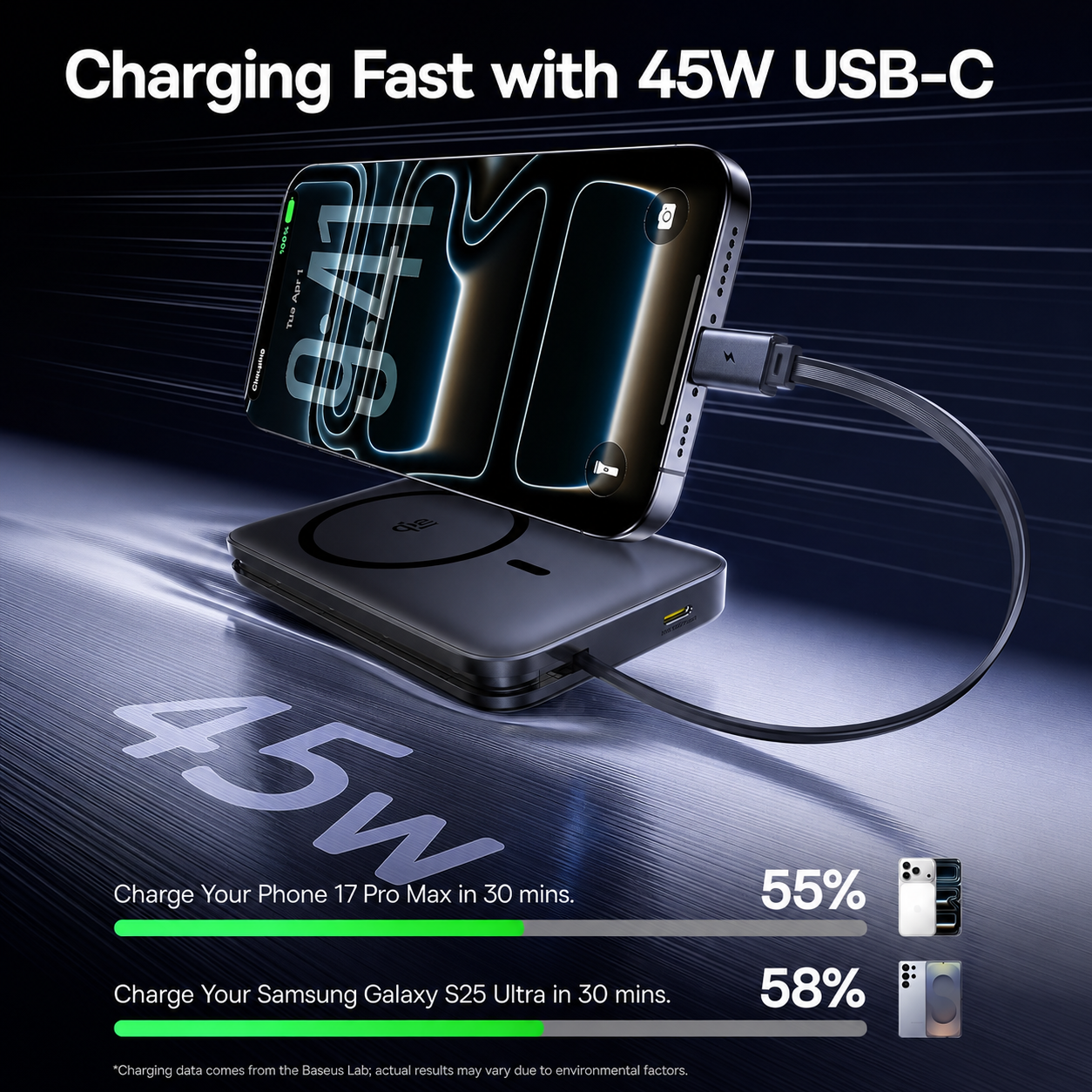 Baseus PicoGo AM61 Wireless Powerbank, 10000mAh, 45W, PD + FQI, 1 x QI - 2 x USB-C, Schwarz E0028V00