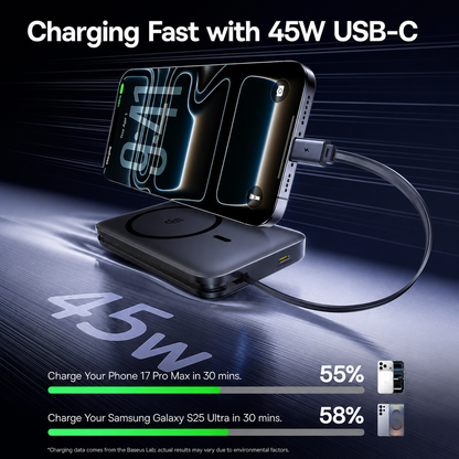 Baseus PicoGo AM61 Wireless Powerbank, 10000mAh, 45W, PD + FQI, 1 x QI - 2 x USB-C, Schwarz E0028V00