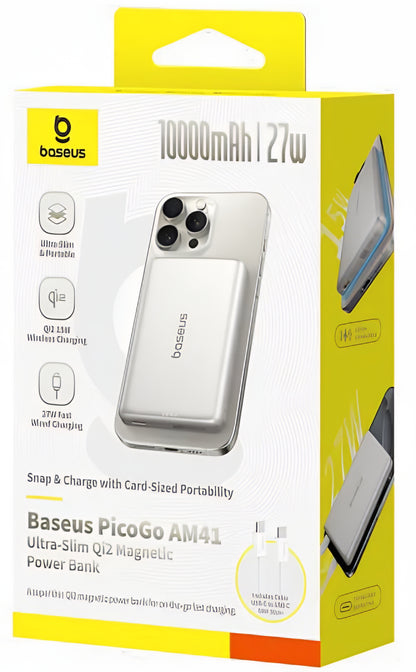 Externer Wireless-Akku Baseus PicoGo AM41, 10000mAh, 27W, PD + FQI, 1 x QI - 1 x USB-C, Beige E0027203